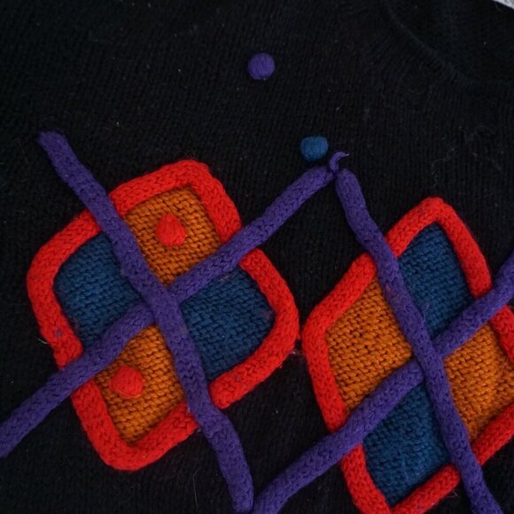Vintage '80S Bay Club 30% Wool Black Knit w Multicolor Pom Pom Crew Sweater L - Picture 9 of 12